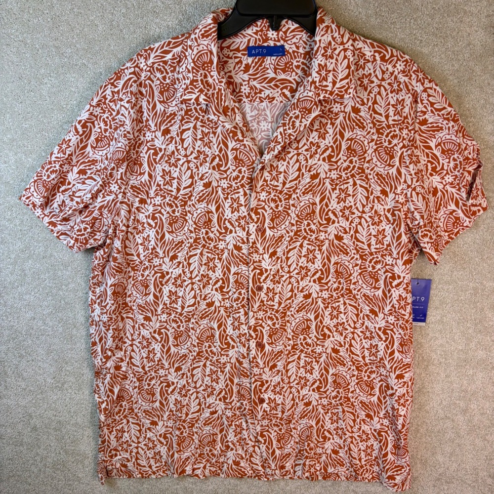 Apt 9 Camp Collar Shirt Mens Large Brown‎ White Floral Rayon Short Sleeve NEW